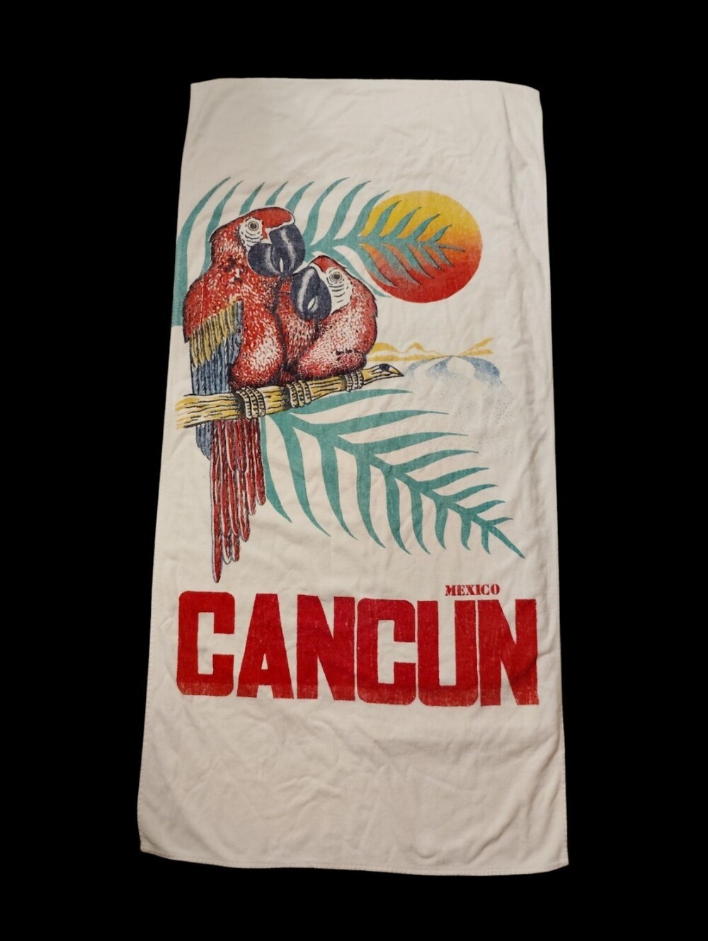 Vintage 1990s Cancun Mexico Beach Towel Thick Cotton Retro Parrots Lovebirds
